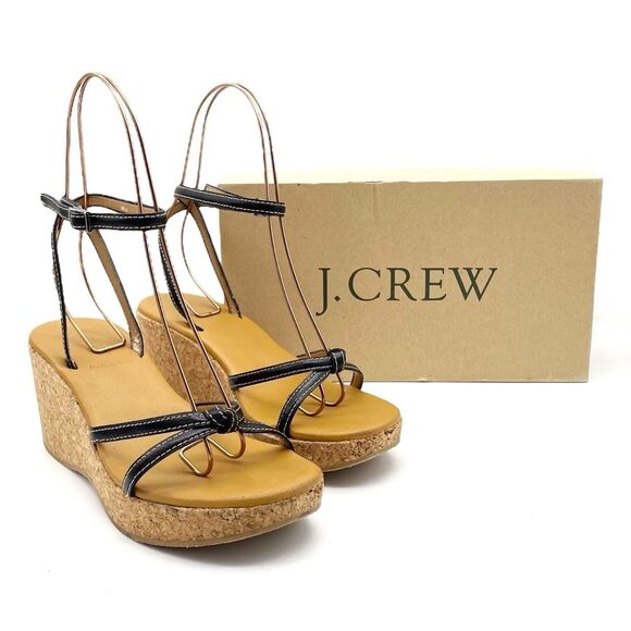J. Crew Donna Wedge Sandals Size 8 Black Leather Cork Ankle Strap Vintage Y2K - Picture 2 of 14